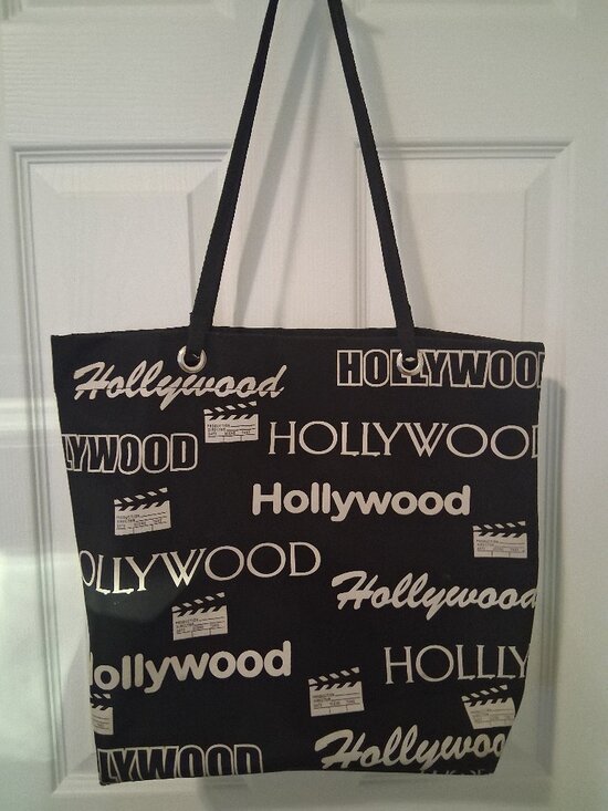 Handbags - Hollywood Tote Bag - Black/Tan - Hollywood Text Imprint - Vinyl